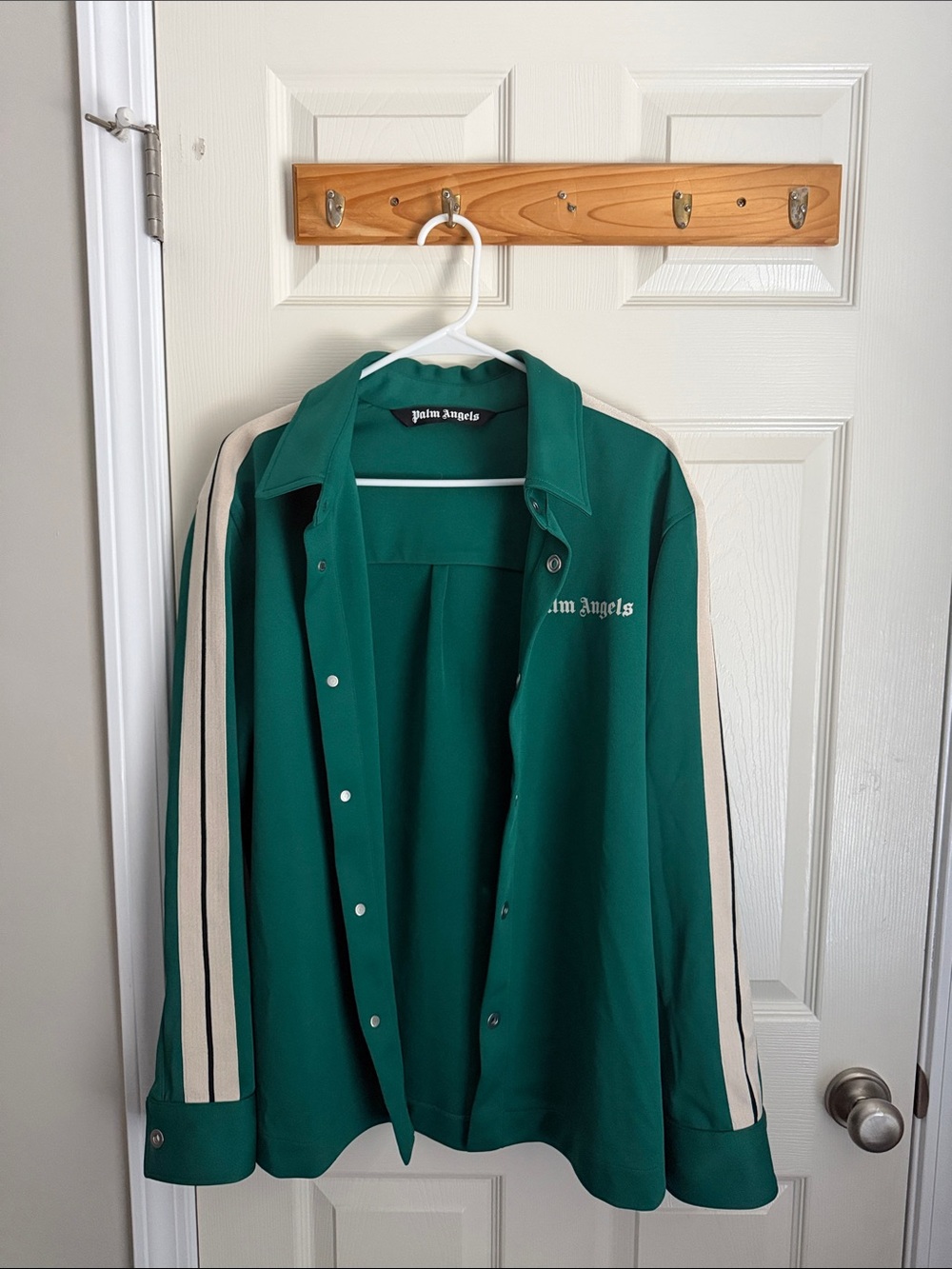 Palm Angels Teal Green Coach Jacket with Cream Stripes